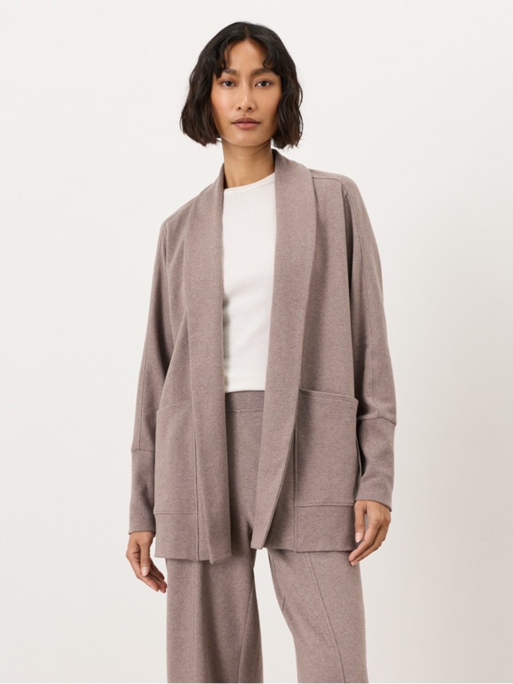 Pact Women’s Organic Airplane Jogger and Wrap Cardigan Set in Deep Taupe Heather